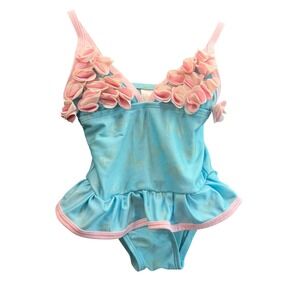 Floatimini‎ One Piece Swimsuit Kids 24M Blue Pink Unicorn Floral 3D Petal Peplum